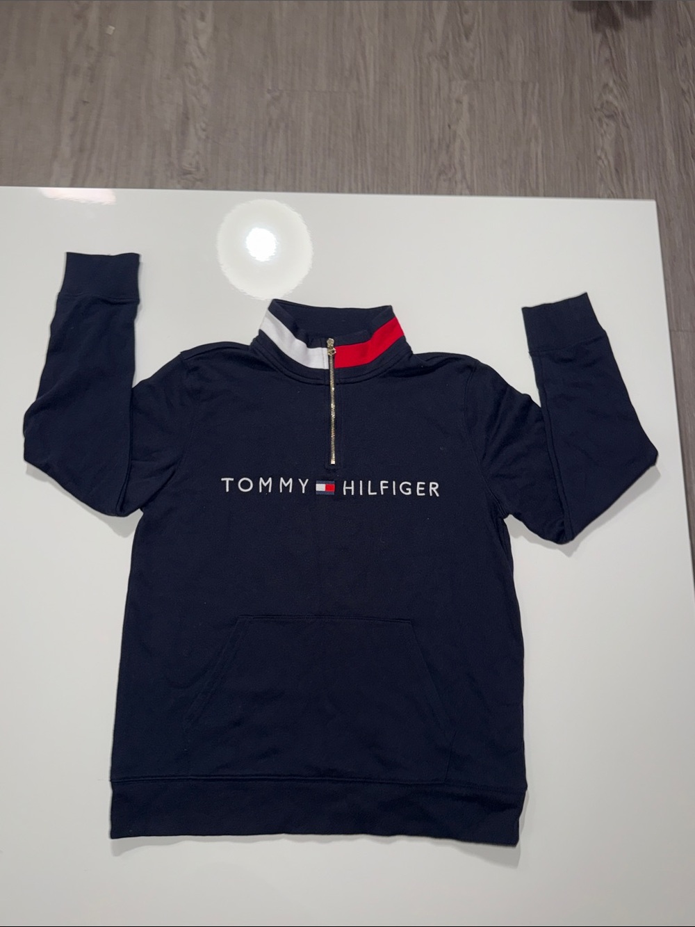 Tommy Hilfiger women’s Navy Quarter-Zip Logo Pullover with Red & White Trim Sz M